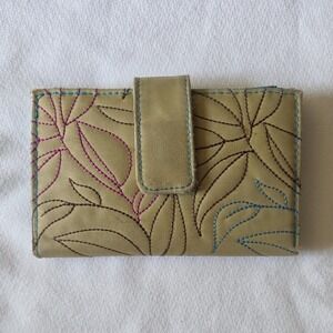 Travelon Trifold Wallet Womens Tan Blue Floral Embroidered F11860